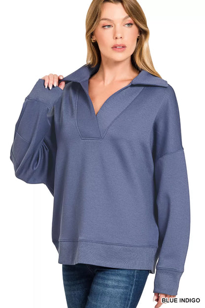 Zenana Scuba Collared Pullover & Center Seam Pants Set