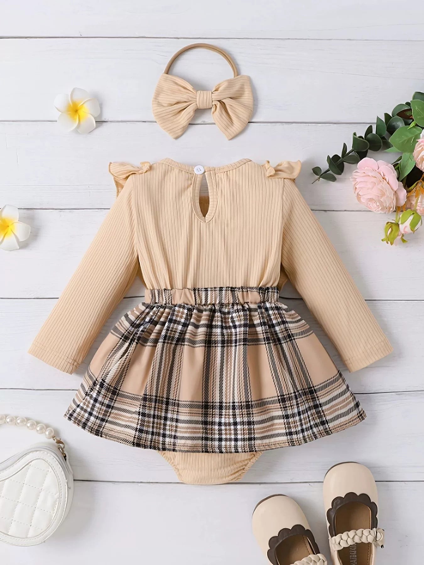 Children's Ruffle Trim Plaid Dress with Headband Set