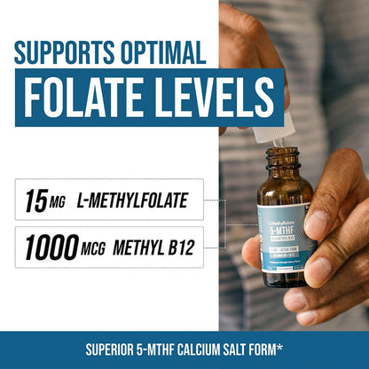 5-MTHF L-Methylfolate Liquid Drops 15mg Active Folate With Methyl B12-1000mcg Supports Folate Levels Energy, 60ml