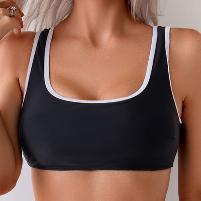 Women's Sporty Black Bikini Set, Square Neck Tank Top With White Contrast Trim & Mid Rise Bottom, 2 Piece SwimsuiT