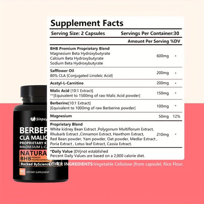 Berberine 20 In 1 Keto BHB Supplement - CLA, Malic Acid & L-Carnitine For Metabolism & Energy Support, 90 Capsules