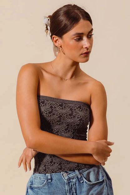 SO ME Jacquard Floral Two Tone Seamless Tube Top