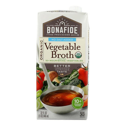 Bonafide Provisions Low Sodium Vegetable Broth, No Salt Added, 32 Oz Pack of 6