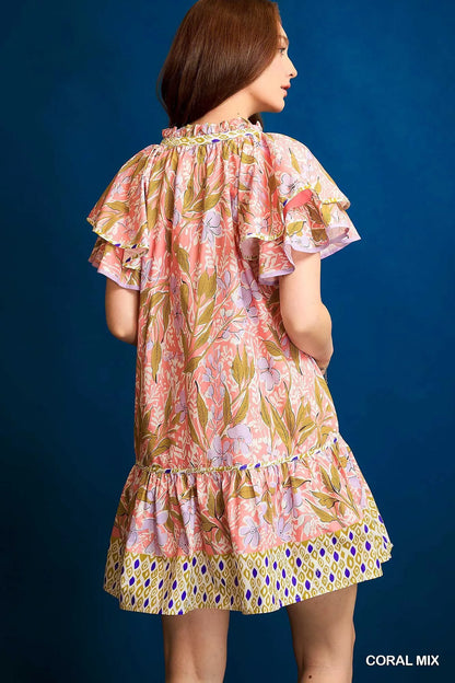 Umgee Floral Ruffle-Sleeve Tunic Dress
