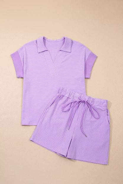 Stripe Dolman Sleeve Polo Shirt and Drawstring Shorts Set