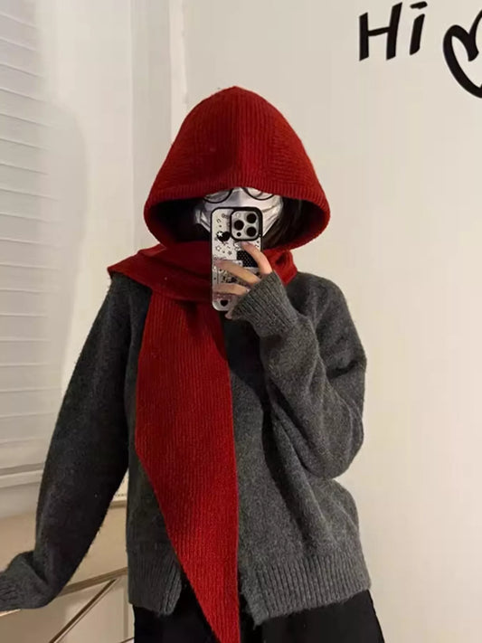 Knitted Hat with Attached Scarf