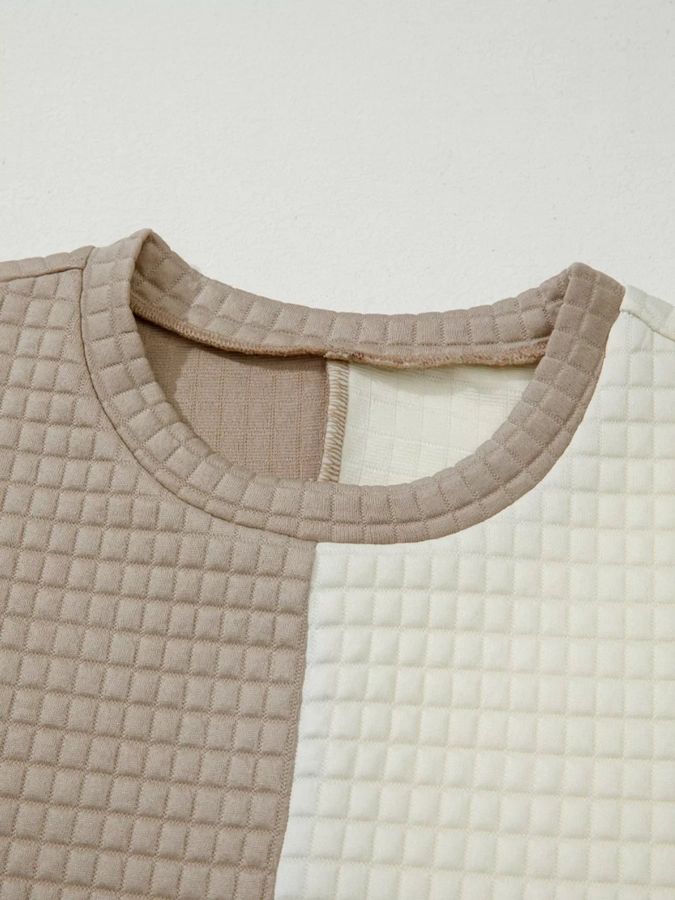 Color Block Patchwork Textured Long Sleeve Top and Short Lounge Set