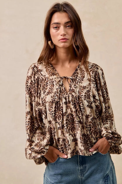 BiBi Printed Woven Front Tied Blouse with Baloon Sleeve
