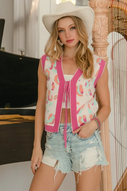 BiBi Leopard Sweater Vest With Front Tie and Scallop Detail