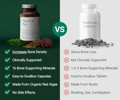 ALGAECAL Organic Red Algae Calcium Supplement for Bone Density & Strength, Vitamin K2 MK7 (100mg), Vitamin D3 (1600 IU), Magnesium (350mg) & Trace Minerals, Easy to Swallow, 120 Veggie Caps