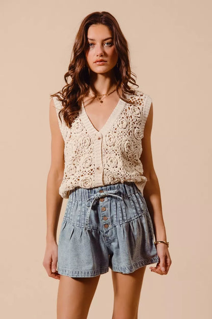 SO ME Flared Denim Shorts with Elasticized Waist