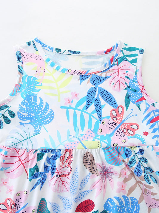 Children‘s Sleeveless Leaf Print Casual Dress