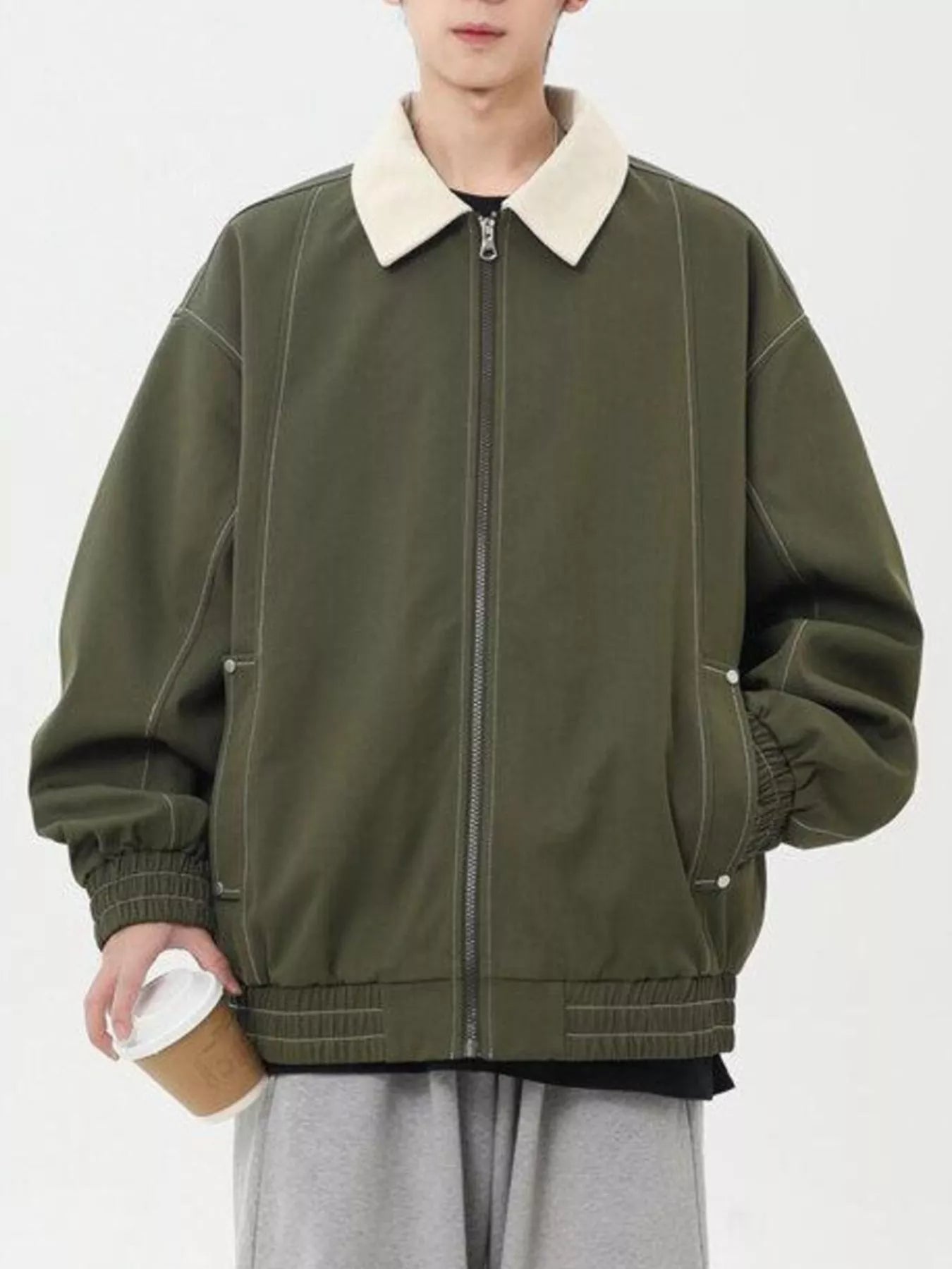 Men's Plus Size Collared Neck Zip-Up Jacket