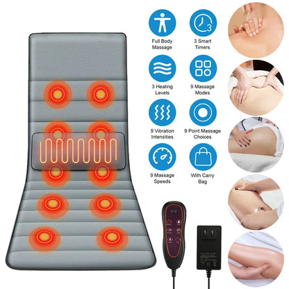 Full Body Electric Massage Mat With Heat Vibration Massage Pad Cushion Back Massage Mattress Chair Pad With Inflatable Head Pillow Lumbar Pillow With 10 Vibration Motors 3 Timers GPCT5281
