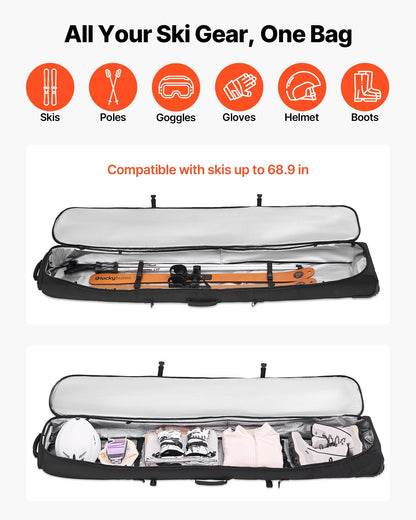 Ski Roller Bag, Up To 74.8 In/190 Cm, Padded Snowboard Bag With Wheels For Air Travel, 600D Waterproof Oxford Fabric, With Adjustable Straps, For Skis Poles Goggles Gloves Helmet Boots (Black)