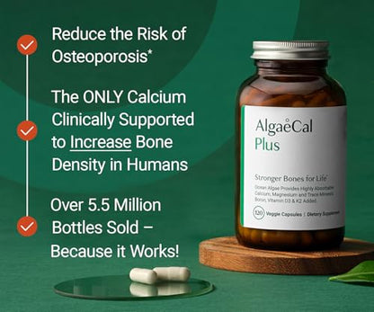 ALGAECAL Organic Red Algae Calcium Supplement for Bone Density & Strength, Vitamin K2 MK7 (100mg), Vitamin D3 (1600 IU), Magnesium (350mg) & Trace Minerals, Easy to Swallow, 120 Veggie Caps