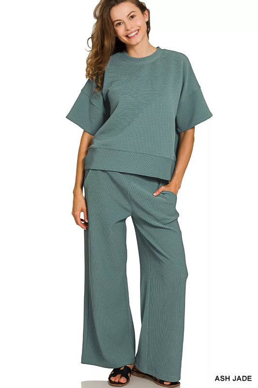 Zenana Ribbed Round Neck Tee & Pants Set
