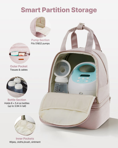 Breast Pump Backpack, Breast Feeding Bag With Ice Pack, Fits For S1/S2, Pumping Accessories & Breastmilk Storage, Portable Pump Carrying Case For Work, Travel And Family Use, Light Pink