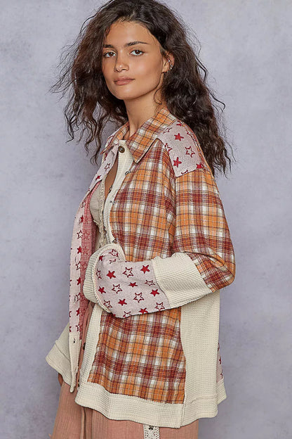 POL Plaid Contrast Button Down Shacket