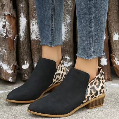 Leopard Point Toe Block Heels Boots
