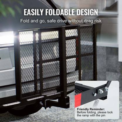 VEVOR Hitch Mount Cargo Carrier, Iron Hitch Cargo Rack With Folding Ramp, Hitch Rack Basket With Stabilizer And Straps, 500LBS Mobility Scooter Carrier Fit Hitch Receiver