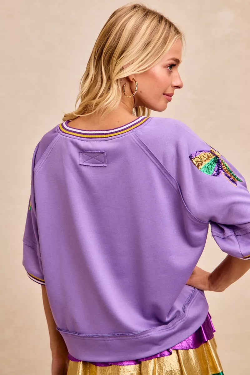 BiBi Mardi Gras Theme Ribbon Sequin Patched Top