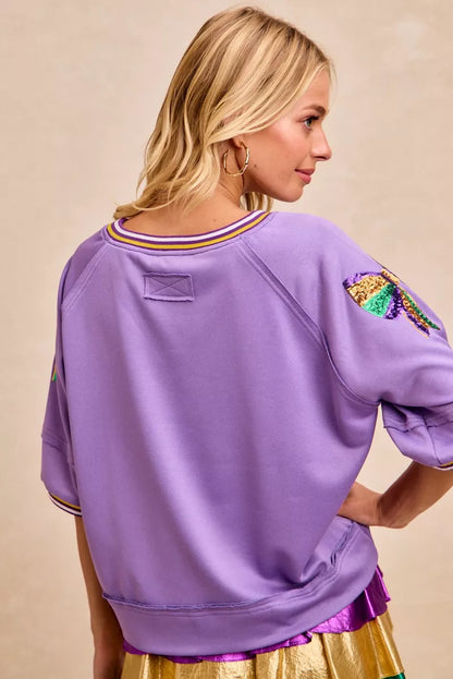 BiBi Mardi Gras Theme Ribbon Sequin Patched Top