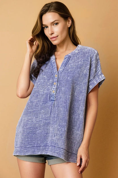 Zenana Washed Double Gauze 3/4 Button Henley Neck Shirt