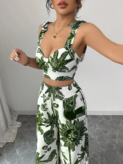 Floral Print Crop Top and Wide Leg Pants Set