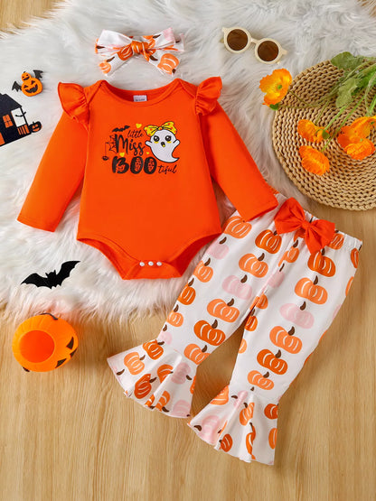 Children's Halloween Graphic Top and Pants 3-Piece Set with Headband