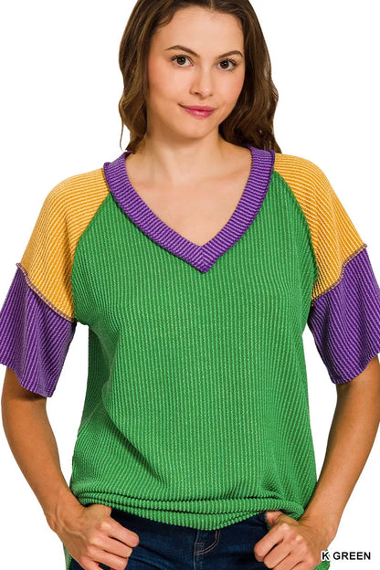Zenana Mardi Gras Raised Rib Color Block Top