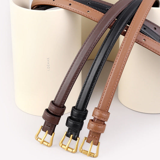Skinny Leather Belt with Golden Buckle