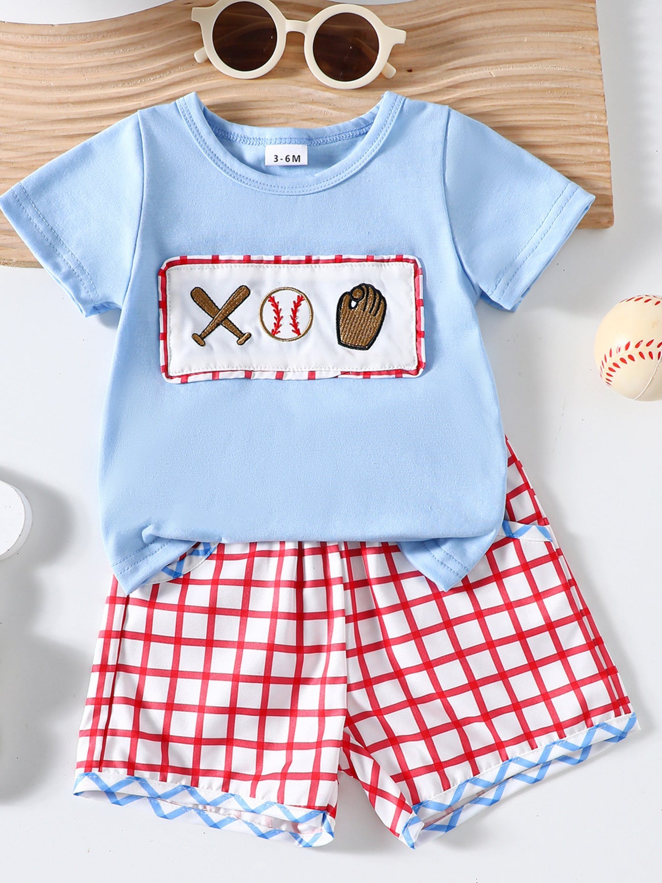 Children's Baseball Embroidered Top & Plaid Shorts Set