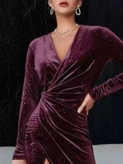 Velvet Ruched Slit Midi Dress
