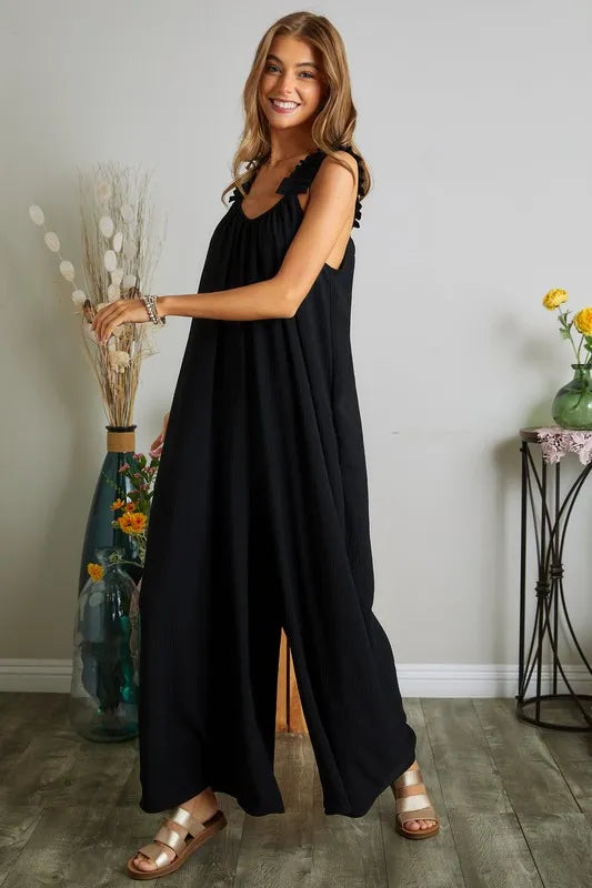 ADORA Full Size Elastic Ruffle Shoulder Jumpsuit Plus Size