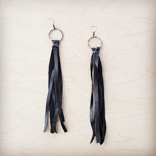 ** Leather Fringe Tassel Earrings in Dark Brown 203y