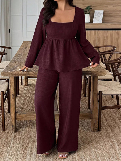 Plus Size Square Neck Long Sleeve Top and Pants Two-Piece Set