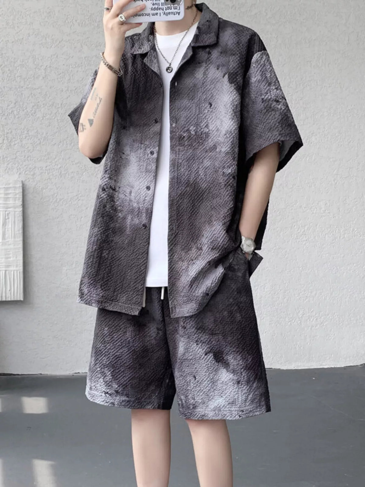 Men's Plus Size Tie-Dye Print Shirt and Shorts Set