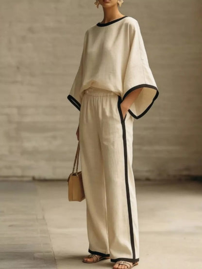 Full Size Contrast Trim Top and Wide-Leg Pants Set Plus Size