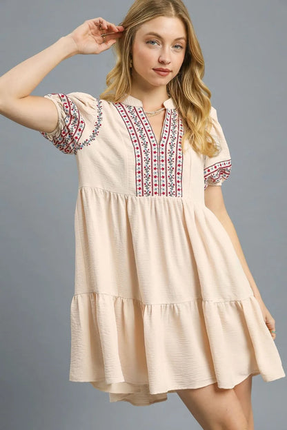 Umgee Floral Trim Puff Sleeve Mini Dress