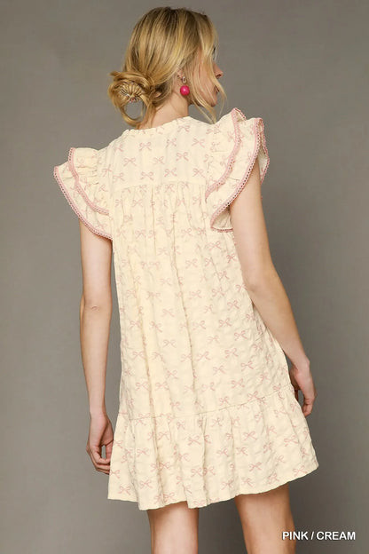 Umgee Bow Print Ruffled Cap Sleeve Mini Dress