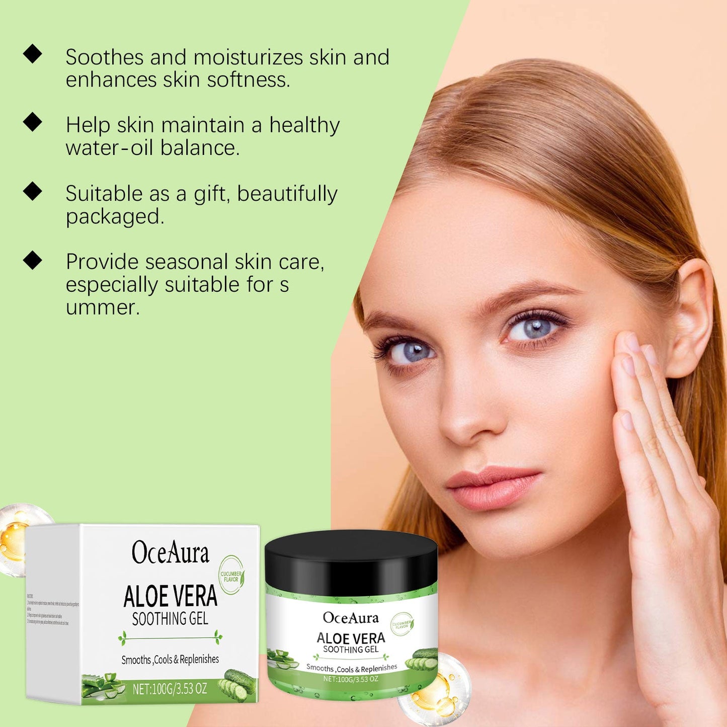 OceAura Aloe Vera Cucumber Gel, Moisturizing And Cooling Body Care Moisturizing And Refreshing Skin Aloe Vera Gel