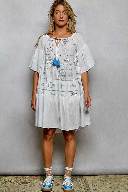 POL Tied Tassel Embroidery Half Flared Sleeve Mini Dress
