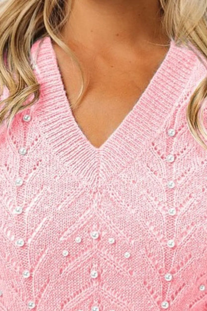 BiBi Chevron Pointelle Pearl Knit Top