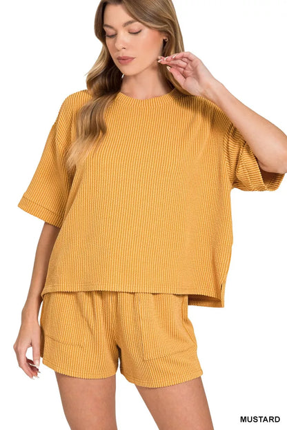 Zenana Raised Rib Short Sleeve Tee and Drawstring Shorts Set