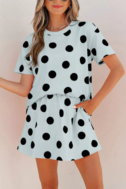 Polka Dot Short Sleeve Top Casual Skort 2pcs Outfit