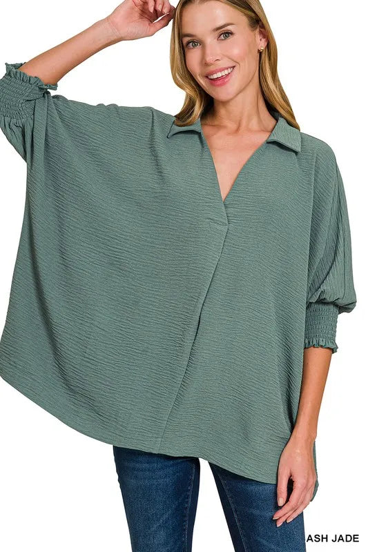 Zenana Airflow Collar Tee with Smocked Sleeve Band Top