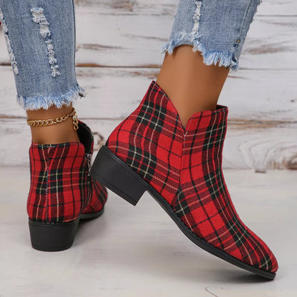 Plaid Point Toe Ankle Boots
