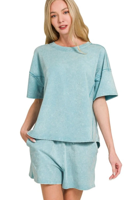 Zenana Acid Washed Short Sleeve Tee & Shorts Set