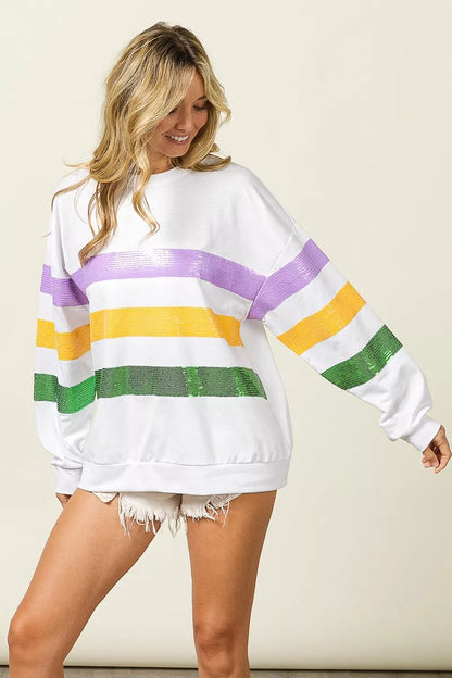 BiBi Sequin Mardi Gras Striped Round Neck Sweatshirt